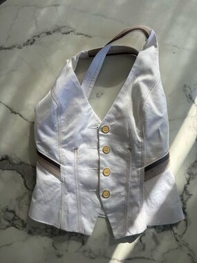 Vintage bebe White Halter Vest with Brown Trim